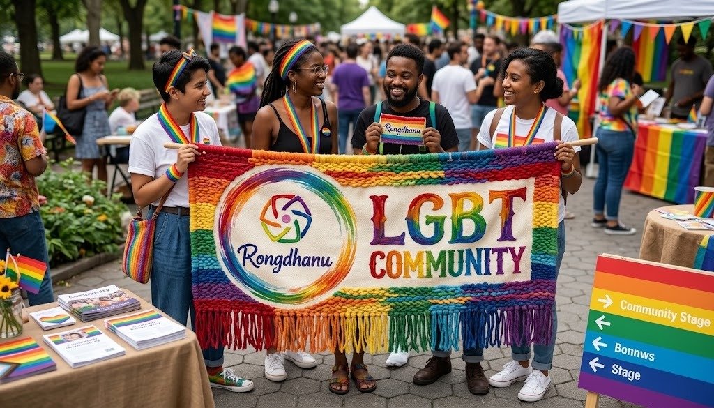 Rongdhanu LGBT Community members holding a rainbow banner